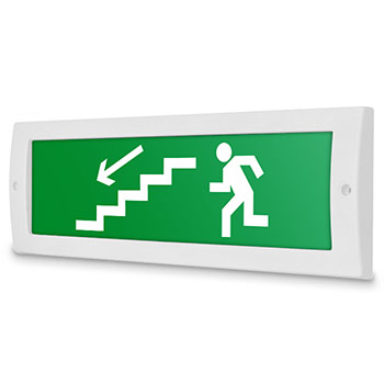 Световое табло «Направление к эвакуационному выходу по лестнице вниз (левосторонний)», Молния (12В)